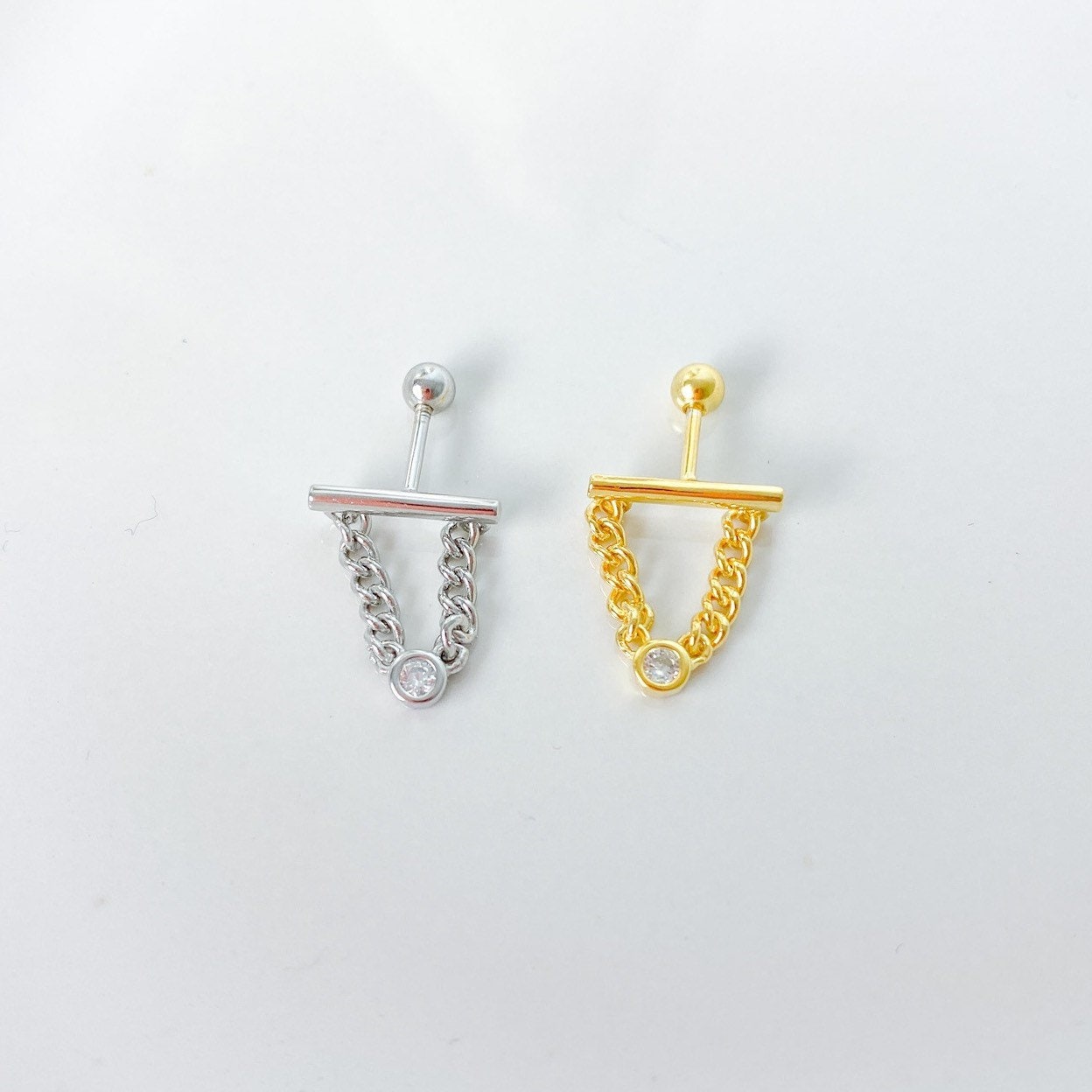 Dainty Bar Chain cz sterling silver, 18k gold plated flat piercing, helix piercing, cartilage piercing, cartilage earrings