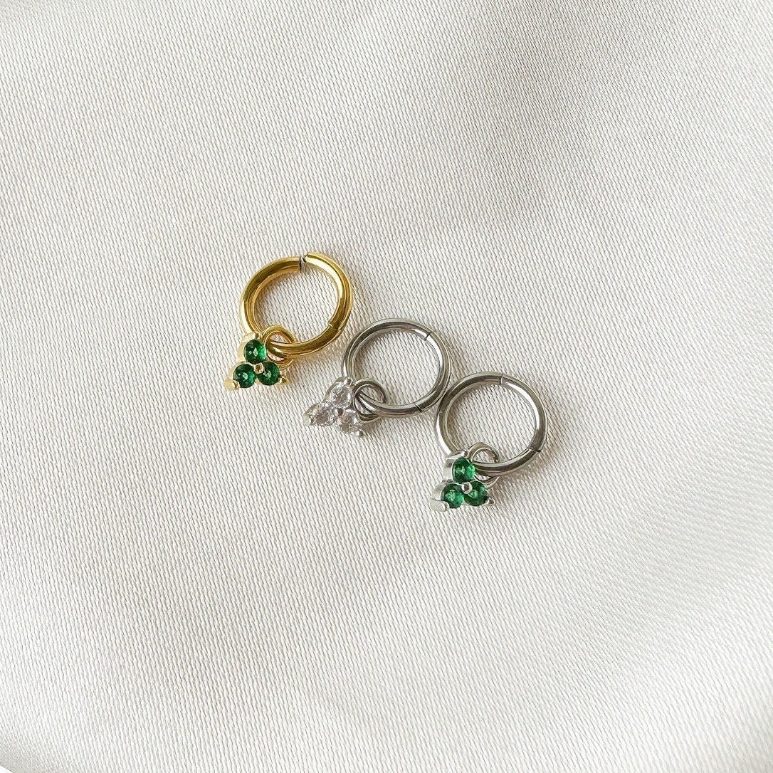 16g 18g 20g Dainty Emerald Clover sterling silver, rook hoop, rook huggie, hoop huggies, cartilage piercing, cartilage earrings