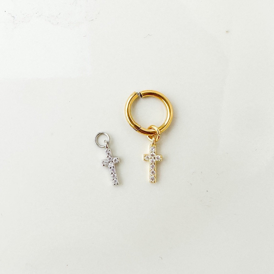 16g 18g 6mm 8mm Paved Cross Dangle Hoop Charm, sterling silver, cross charm for rook hoop, hoop huggies, helix hoop charm,