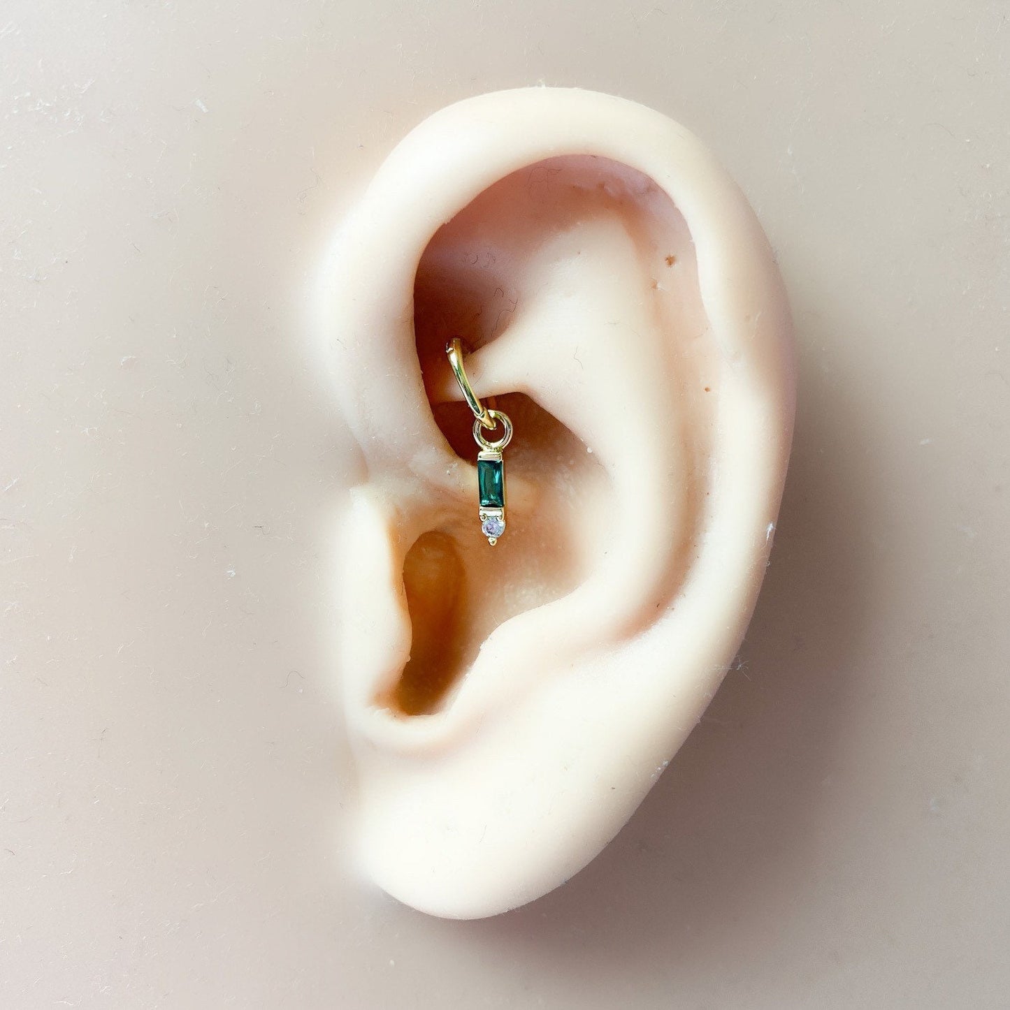 Dainty Emerald Hoop Charm, sterling silver, 18k gold plated rook hoop, rook huggie, hoop huggies, cartilage piercing, helix hoop charm