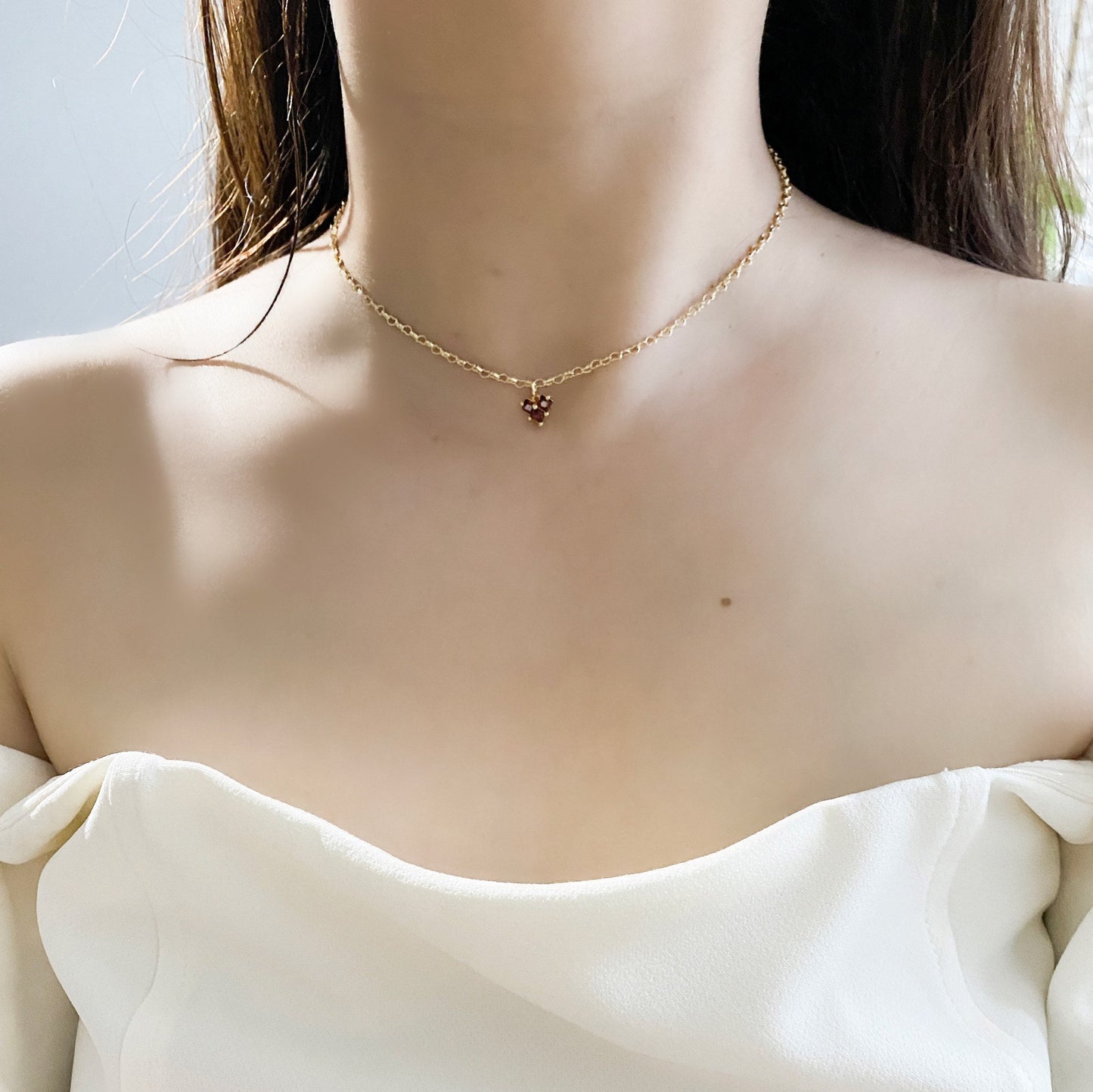 Dainty gold heart chain necklace with a small ruby crystal heart pendant, love jewelry, heart necklace, heart chain, heart charm