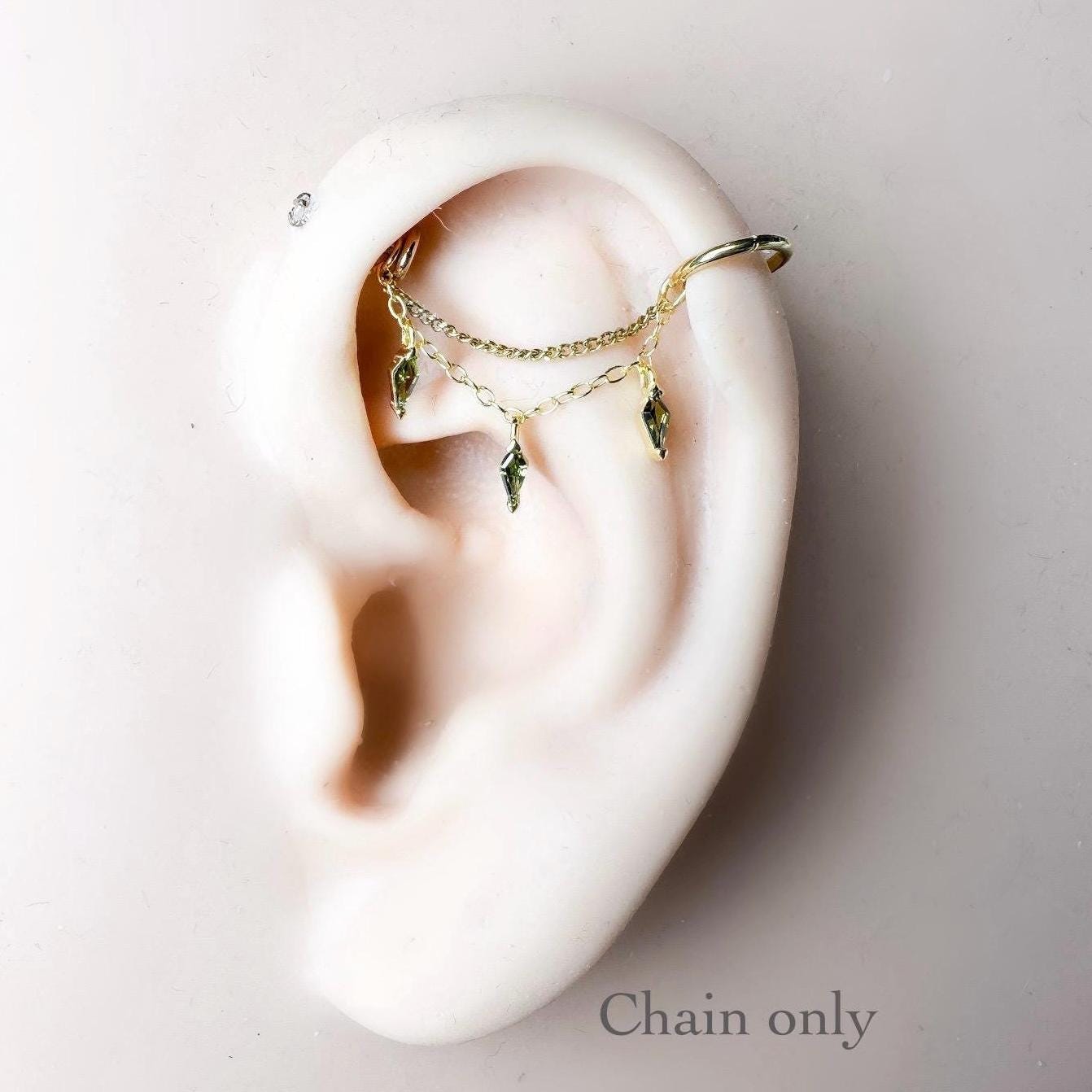 Dainty Industrial Barbell Kite CZ Double Chain (only) for Piercing, Gold Sterling Helix Chain Piercing, Chain Earring, 14g, 16g, 18g