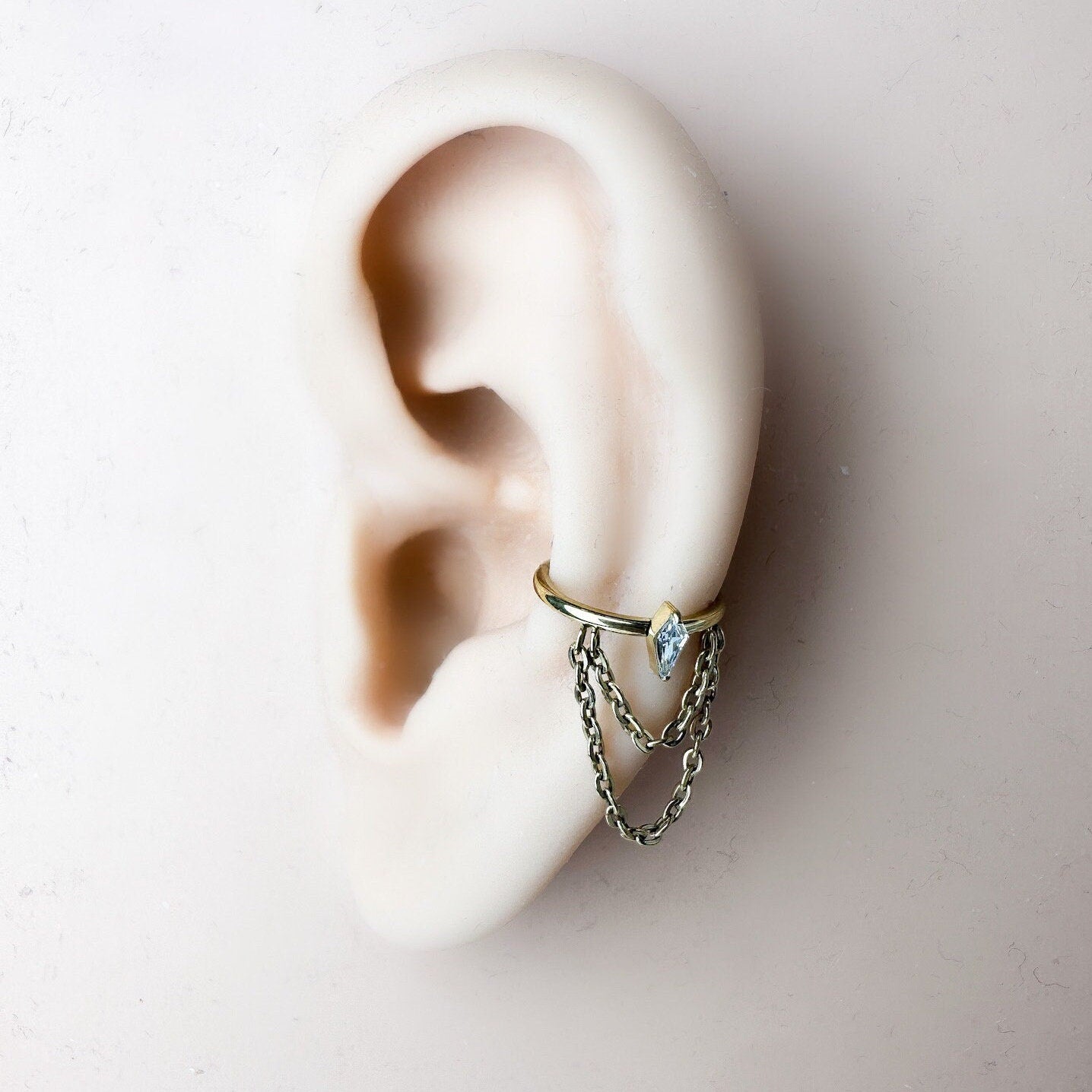 16g 8mm 10mm 12mm Kite Diamond CZ Charm Double Chain Titanium G23 Conch or Helix Hoop, titanium piercings, gold hoop, silver hoop