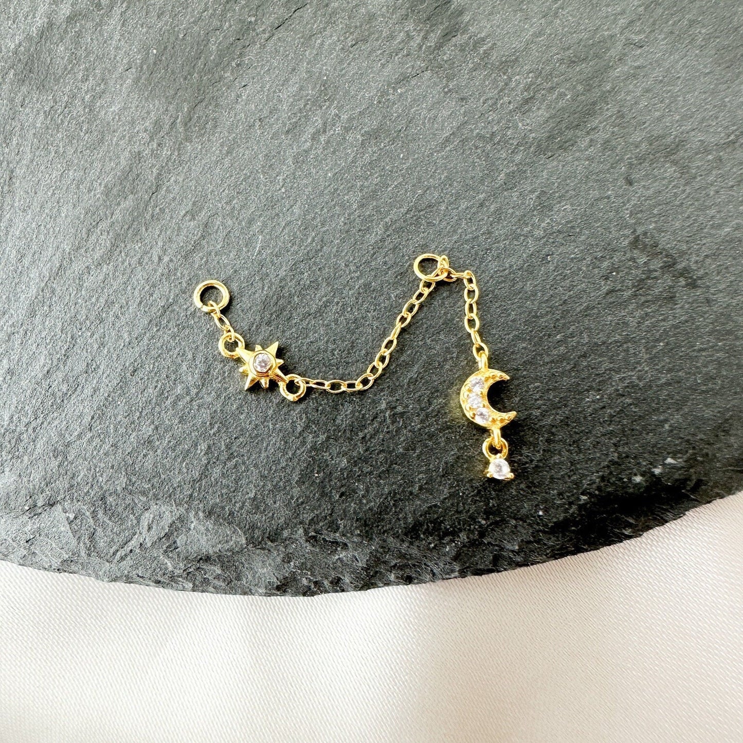 Dainty Moon and Star Industrial Barbell Chain (ONLY) for Piercing, Helix Chain, Chain Earring, Conch Chain Piercing 14g, 16g, 18g, 20g