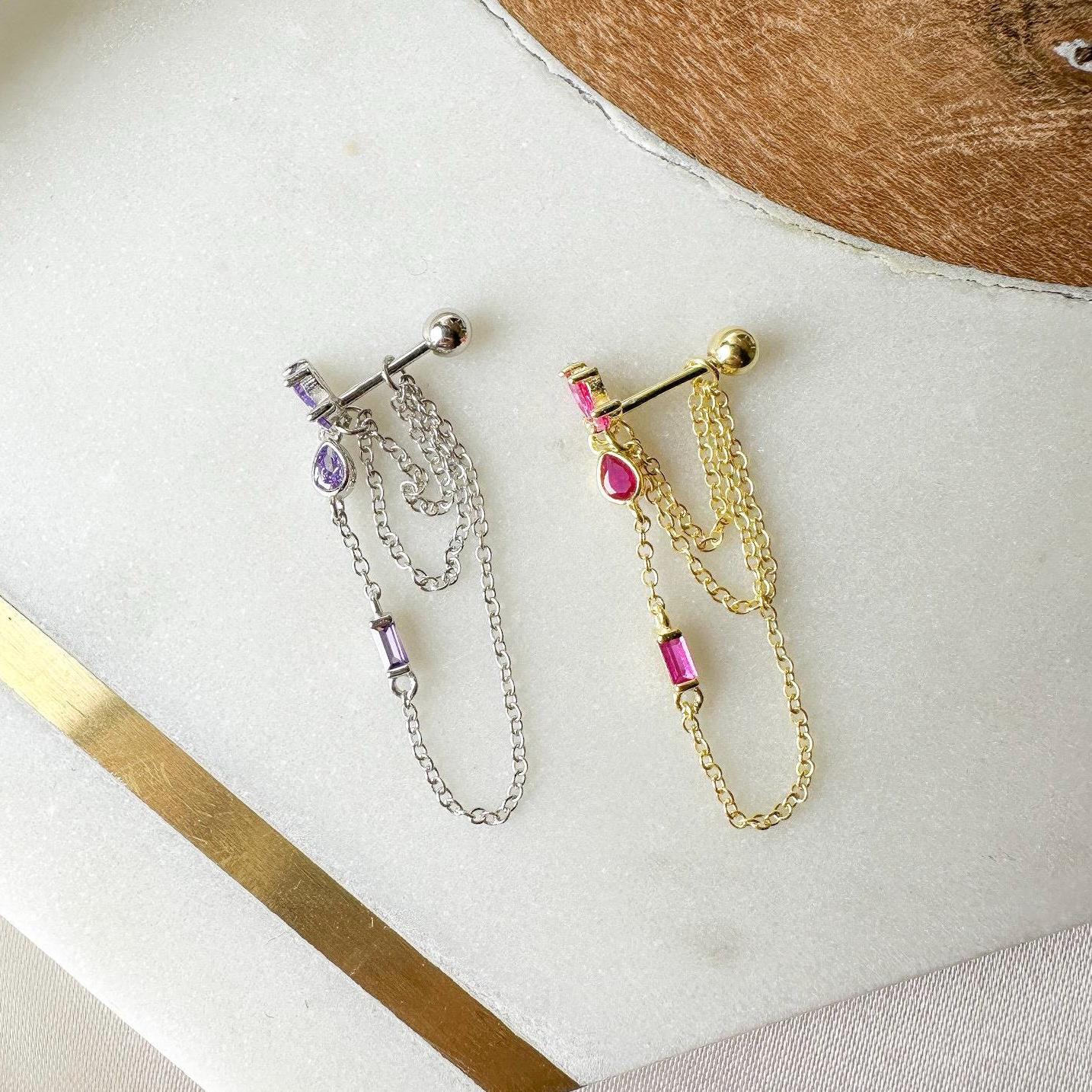 Dainty Triple Chain Pink Ruby CZ Helix Piercing, cartilage piercing 20g, hoop huggies, body piercing, chain earrings, helix hoops