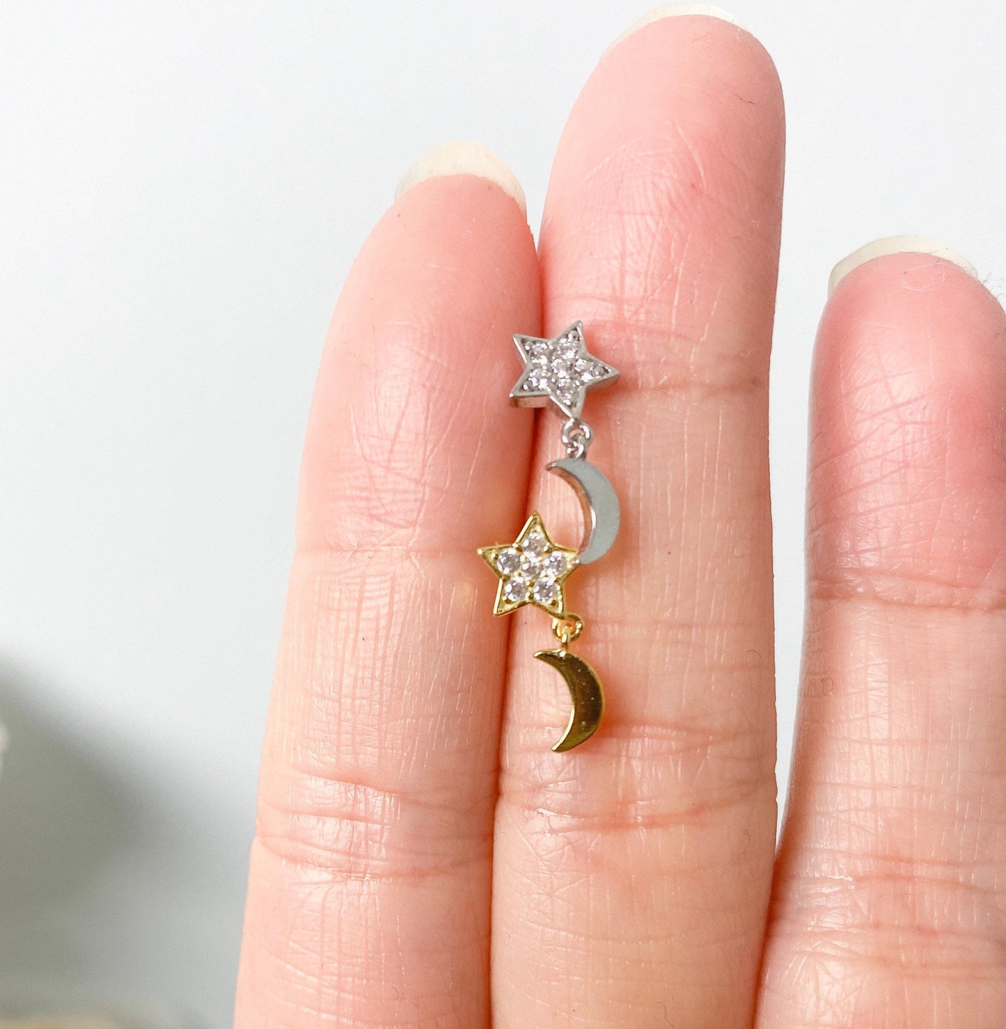 Sterling silver with 18kt gold plated dainty star and moon stud cartilage piercing helix piercing cartilage earrings