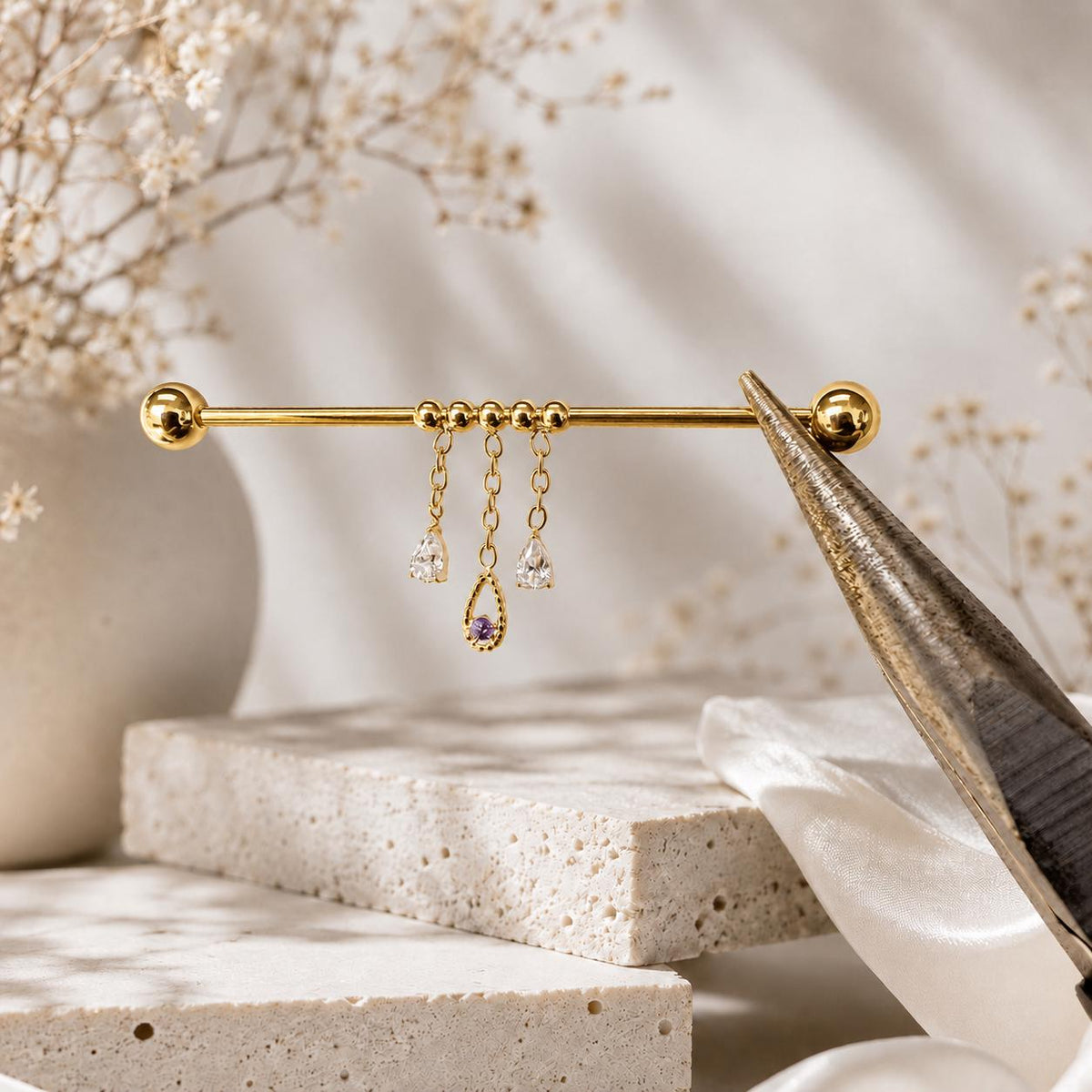 16g 36mm serena titanium dainty industrial barbell with chain tassle and diamond cz pear charms, whimsical cartilage piercings