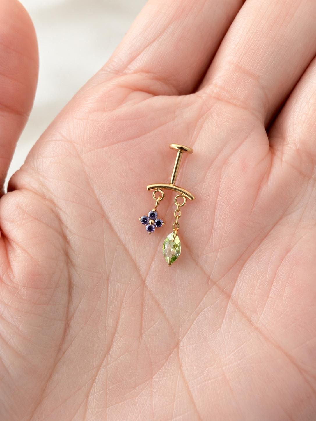 16G/18G/20G Waterproof Threadless Push Pin Dainty Blossom Leaf Charm Vertical Helix Piercing, Vertical hidden rook piercing, Hypoallergenic