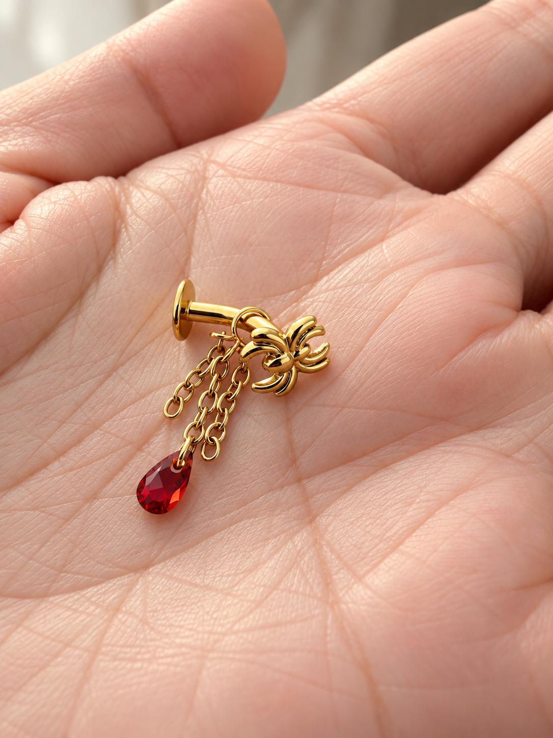 14g Waterproof Titanium Floating Navel Spider Garnet cz Dangle belly ring piercing, Threadless push pin, floating belly piercing, 8mm, 10mm