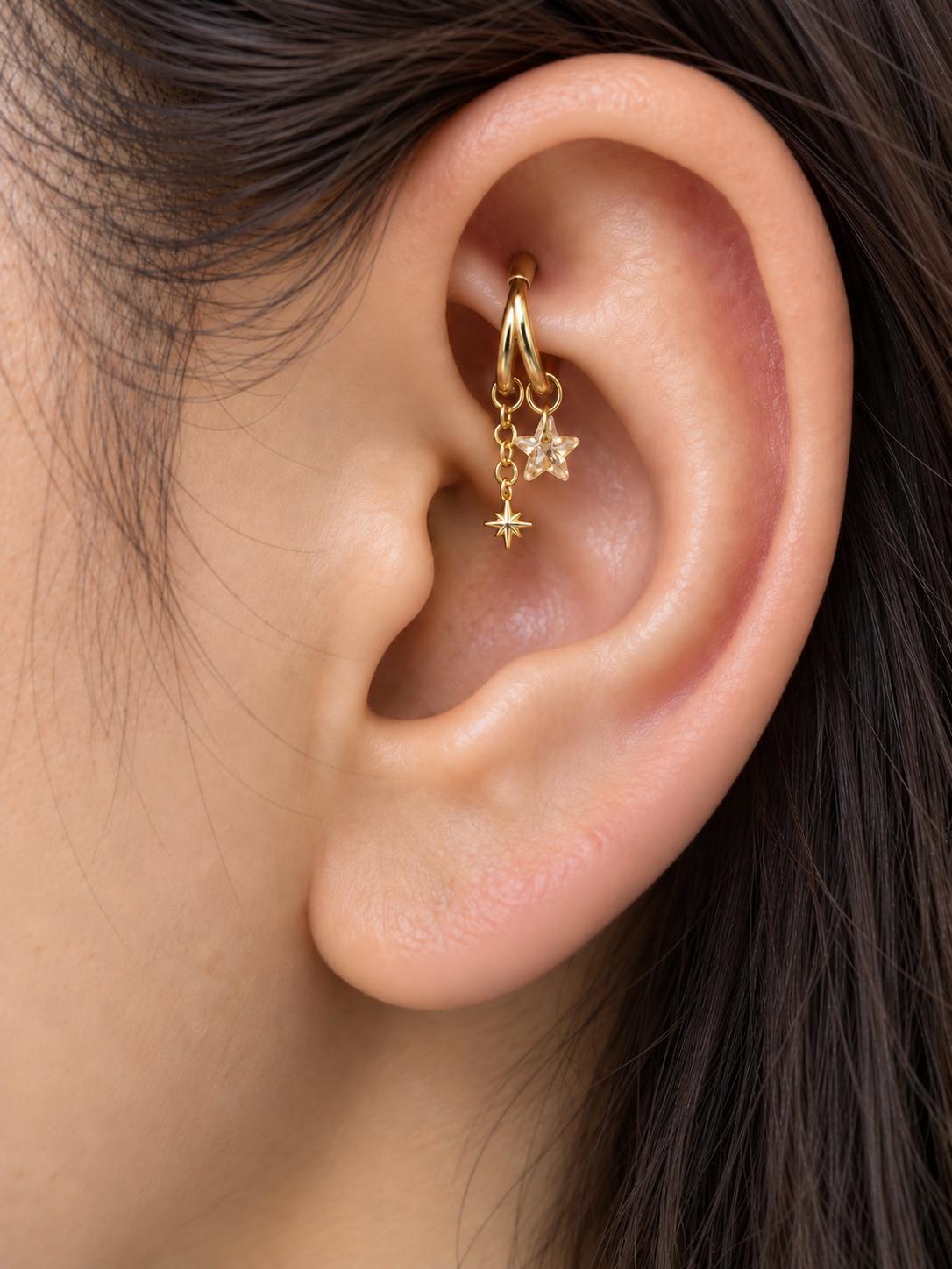 16g 18g 6mm 8mm dainty double hoop falling star diamond cz charm, titanium rook piercing hoop, cartilage piercing, helix hoop charm