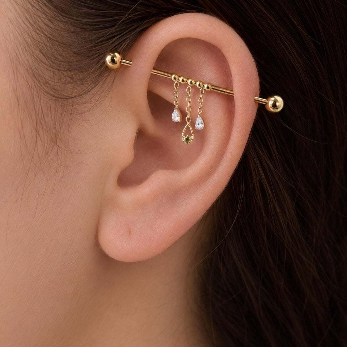 16g 36mm serena titanium dainty industrial barbell with chain tassle and diamond cz pear charms, whimsical cartilage piercings