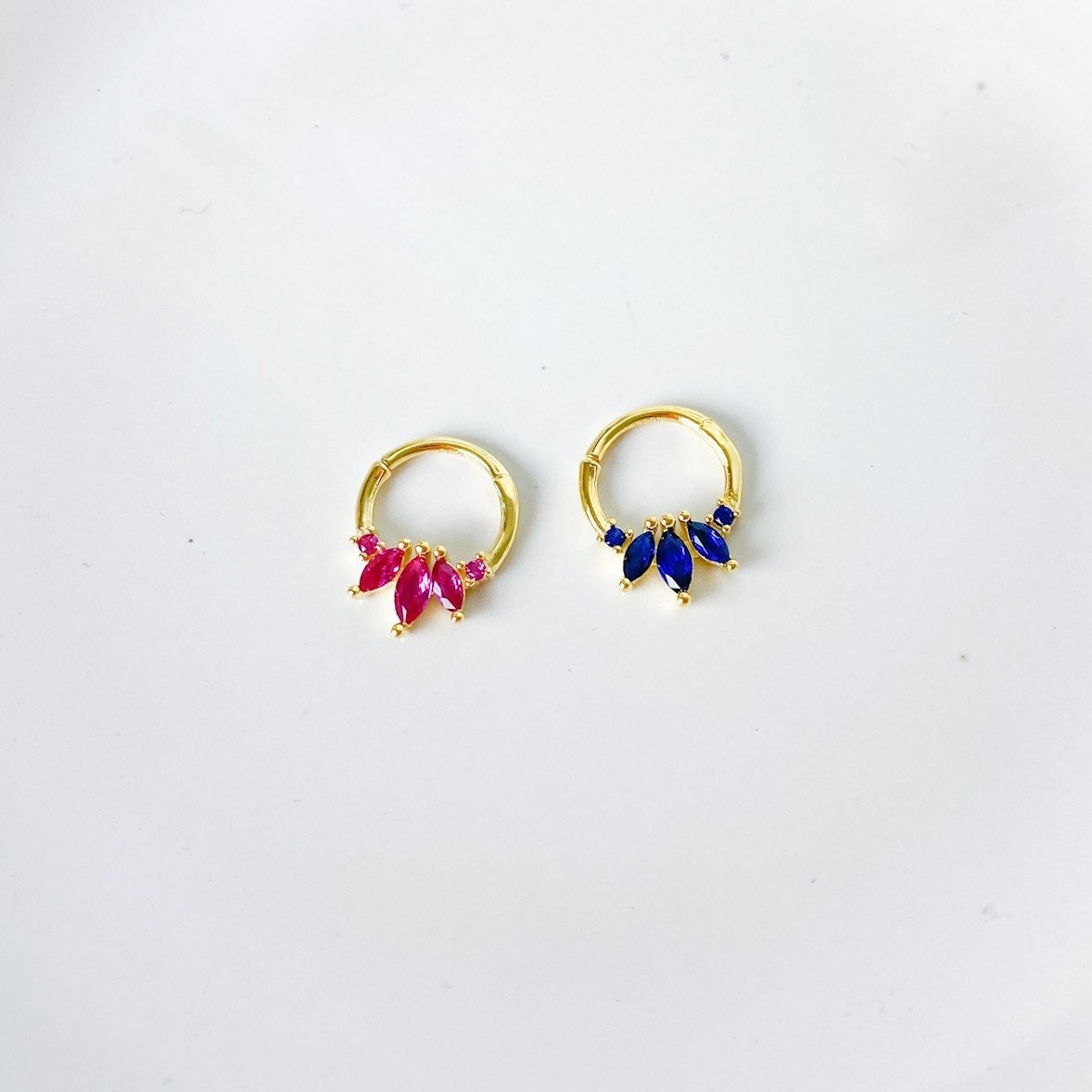 Sapphire 18k gold plated sterling silver daith hoop, marquise cz daith huggie, hoop huggies, cartilage piercing, cartilage earrings