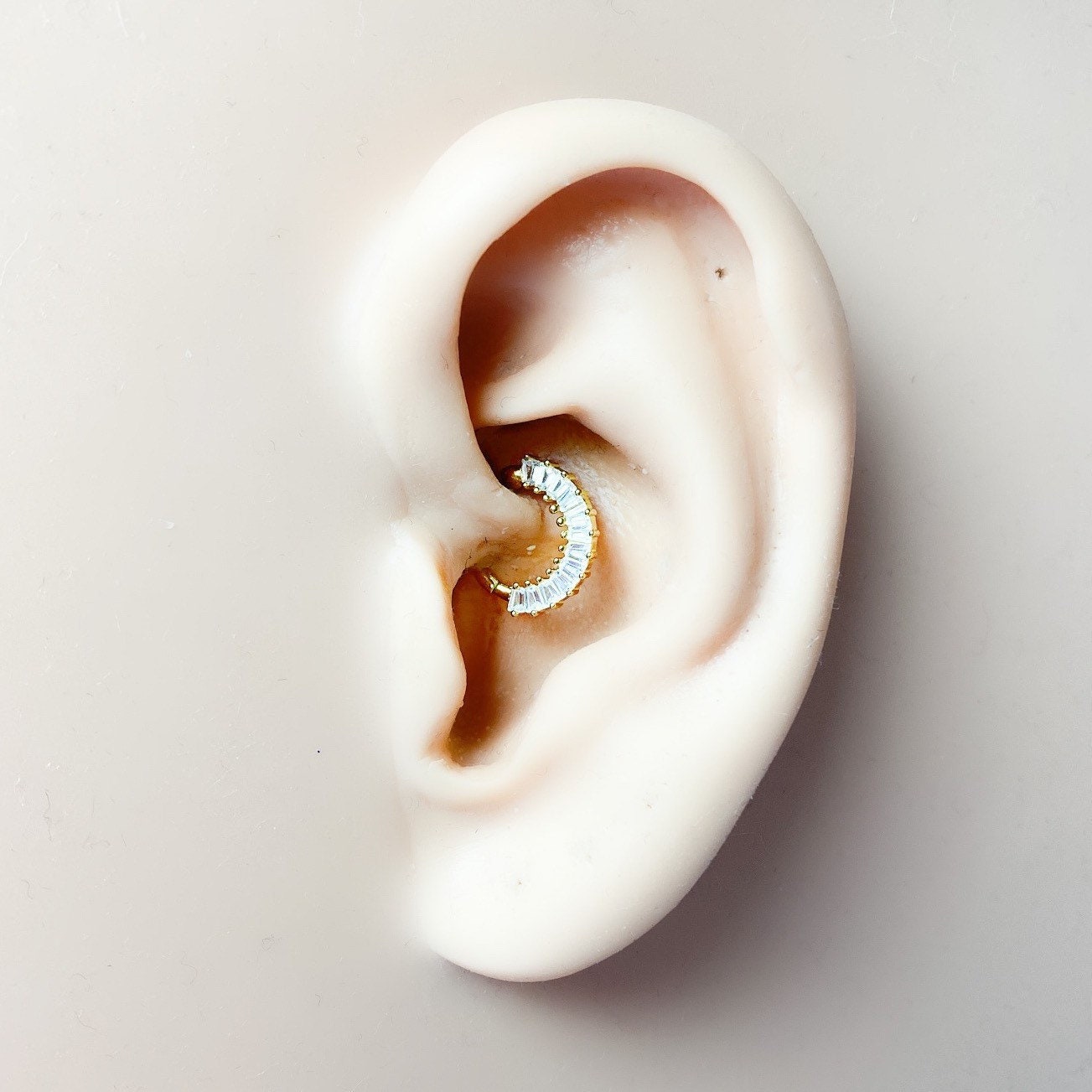 Dainty cz baguette row 18k gold plated sterling silver daith hoop, daith huggie, hoop huggies, cartilage piercing, cartilage earrings, hoops