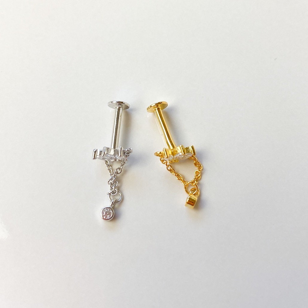 Dainty Bella Chain cz sterling silver, 18k gold plated flat piercing, helix piercing, cartilage piercing, cartilage earrings