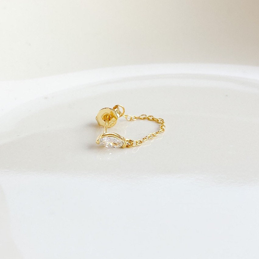 Dainty Marquis Crystal 18kt Gold Sterling Silver Chain Baguette CZ conch piercing, cartilage piercing, conch hoop, chain earrings
