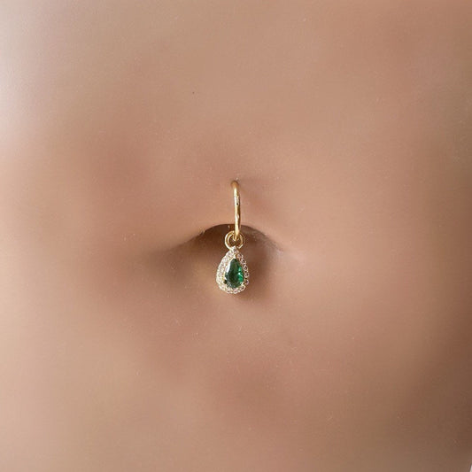 16g 14g Dainty Emerald Teardrop Hoop Belly Ring, 316L Surgical steel gold, belly piercings, 8mm, 10mm or 10mm, Hoop Piercing, belly hoop