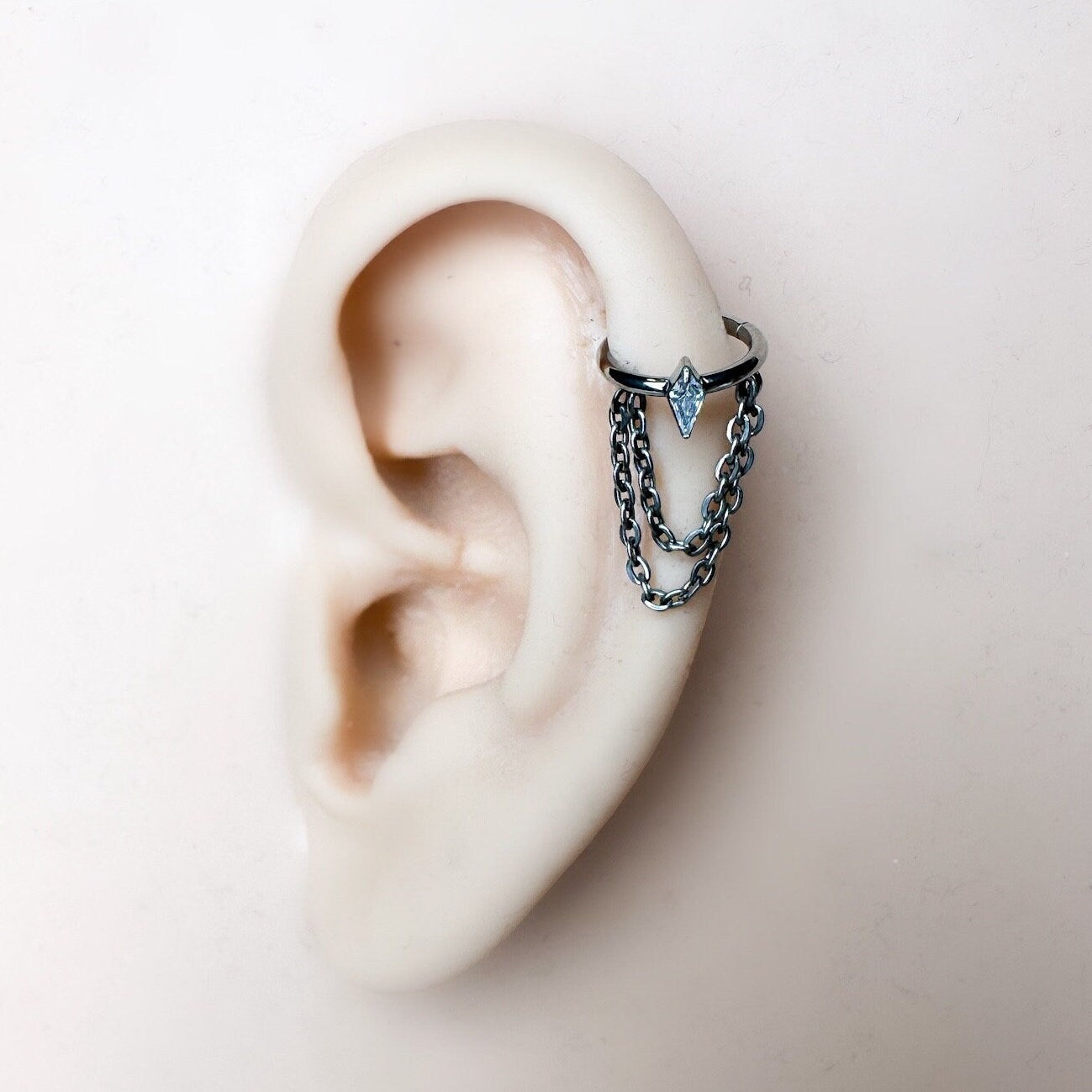 16g 8mm 10mm 12mm Kite Diamond CZ  Charm Double Chain Titanium G23 Conch or Helix Hoop, titanium piercings, gold hoop, silver hoop