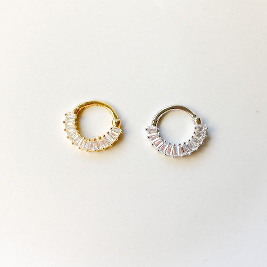 Dainty cz baguette row 18k gold plated sterling silver daith hoop, daith huggie, hoop huggies, cartilage piercing, cartilage earrings, hoops