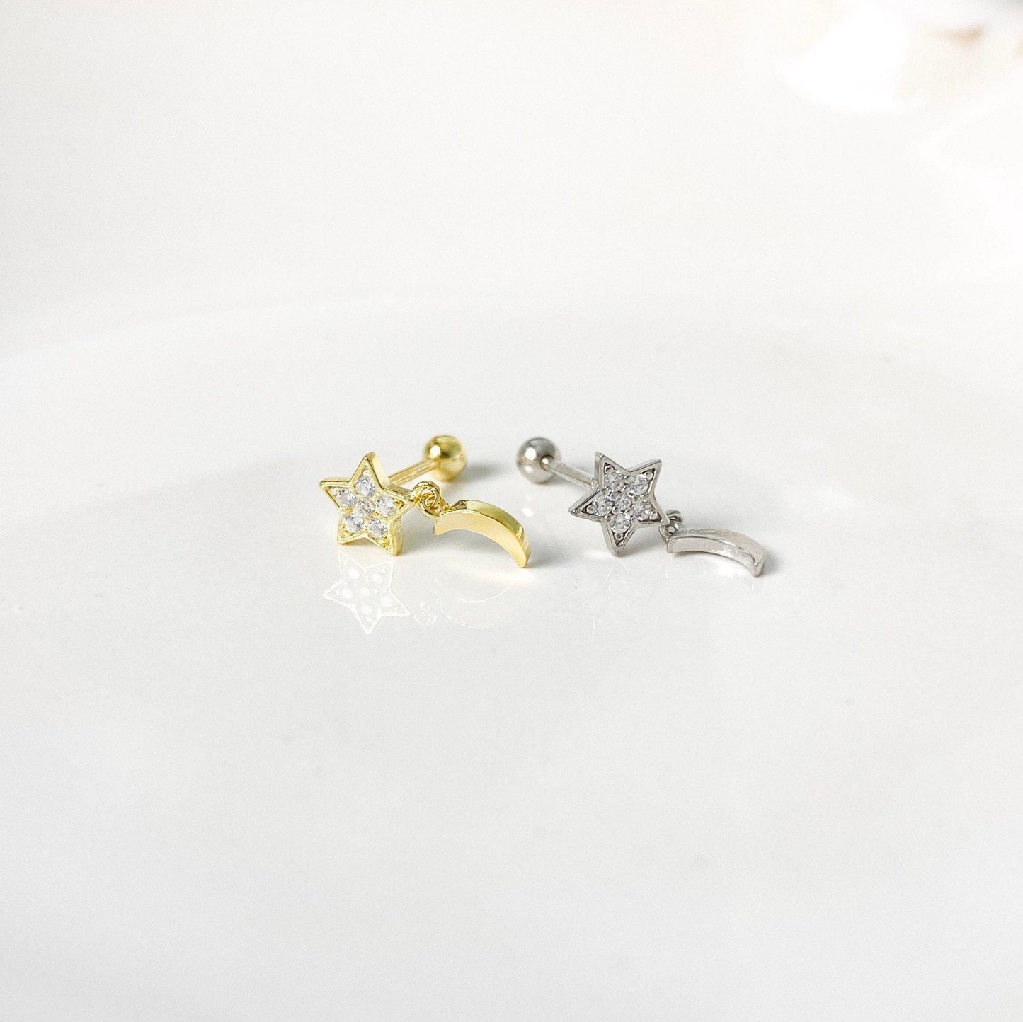 Sterling silver with 18kt gold plated dainty star and moon stud cartilage piercing helix piercing cartilage earrings