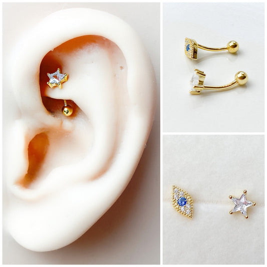 Dainty 18G Sapphire Evil Eye Curved Bar Rook Piercing, 18k gold plated rook hoop, tragus piercing, helix piercing, cartilage piercing