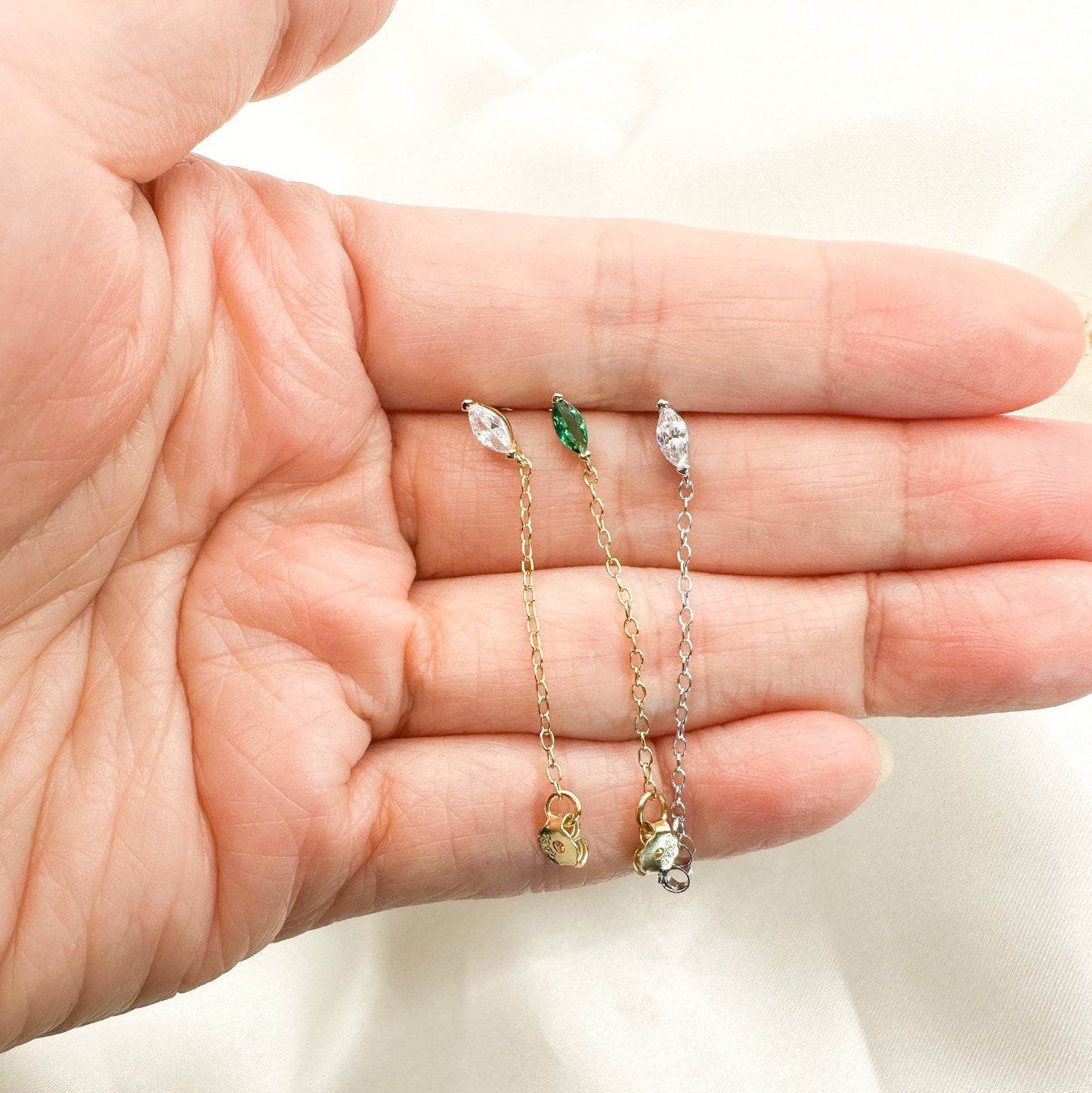 Dainty Emerald Marquis Crystal 18kt Gold Sterling Silver Chain Baguette CZ conch piercing, cartilage piercing, conch hoop, chain earrings