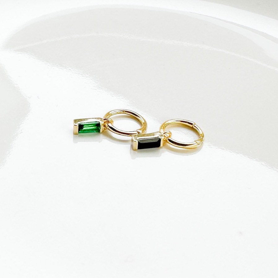 16g 18g Dainty Emerald CZ Bar sterling silver, 18k gold plated rook hoop, rook huggie, hoop huggies, cartilage piercing, cartilage earrings