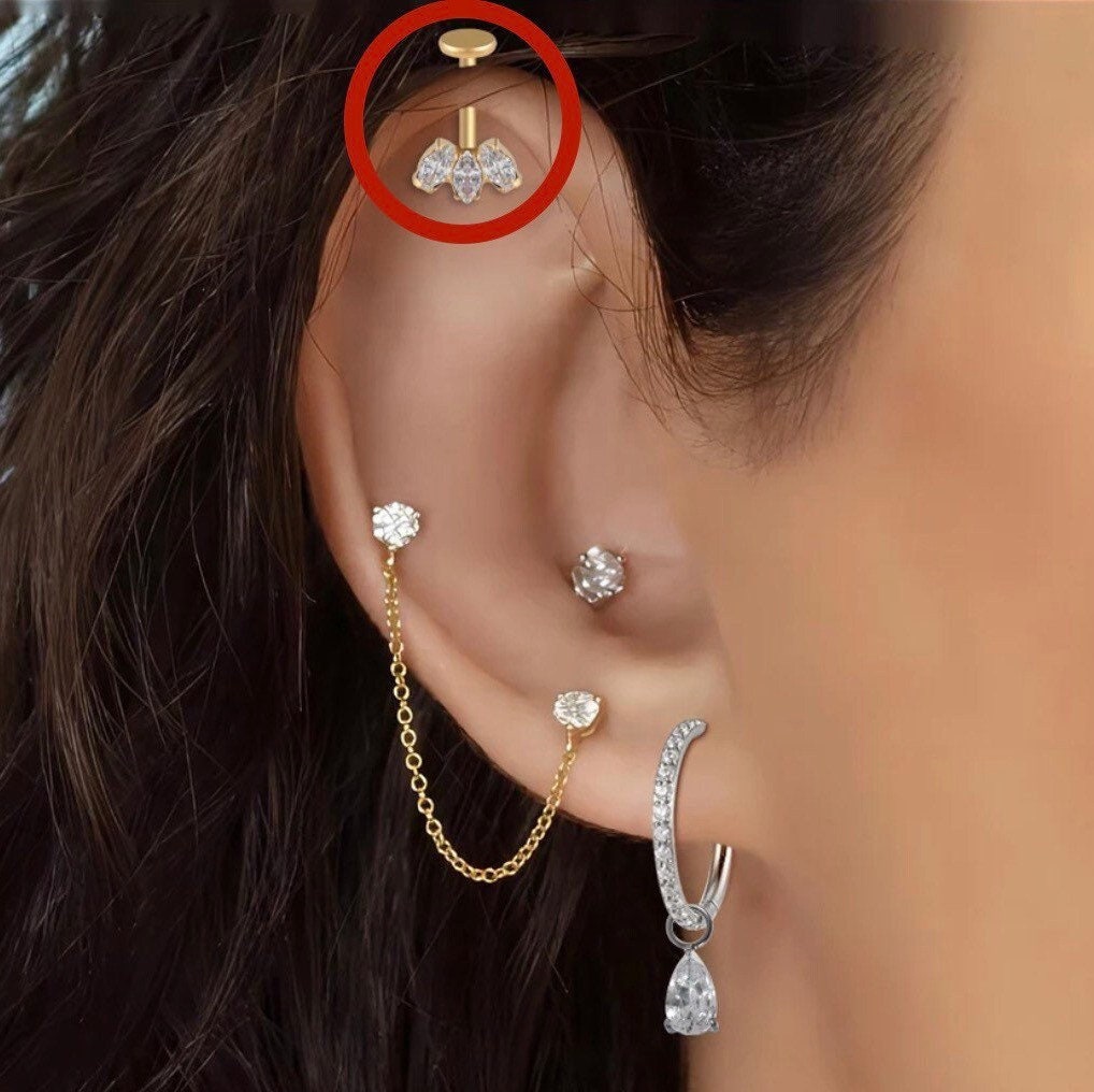 Minimalist ASTM F136 Titanium 16G Marquise CZ Screw Flat Back Vertical Helix Piercing Cartilage Stud Earring