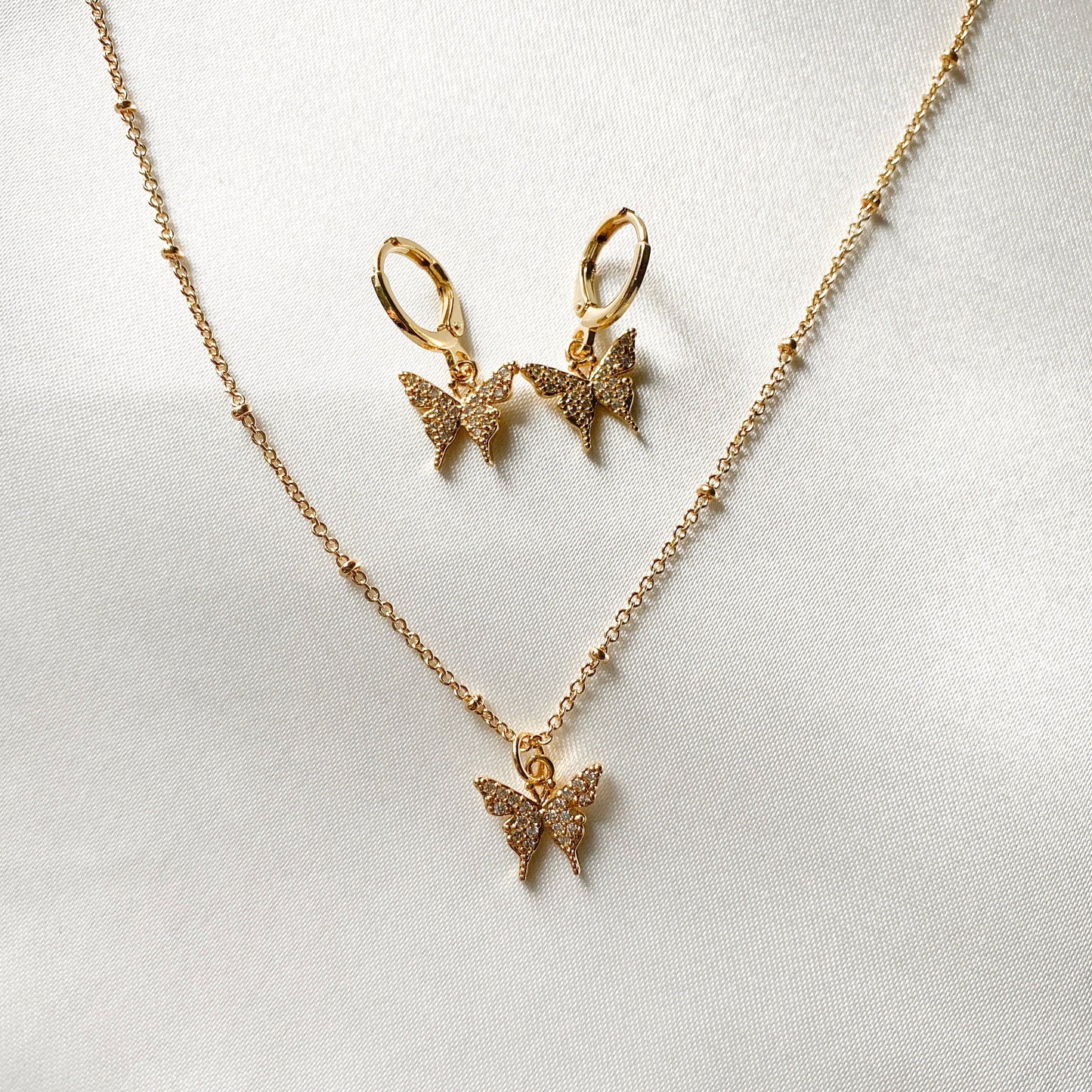 SET of 18kt gold plate cz Butterfly Necklace and earrings set, butterfly charms, gifts, dainty butterfly necklace, Birthday gifts
