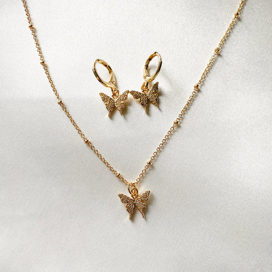 SET of 18kt gold plate cz Butterfly Necklace and earrings set, butterfly charms, gifts, dainty butterfly necklace, Birthday gifts