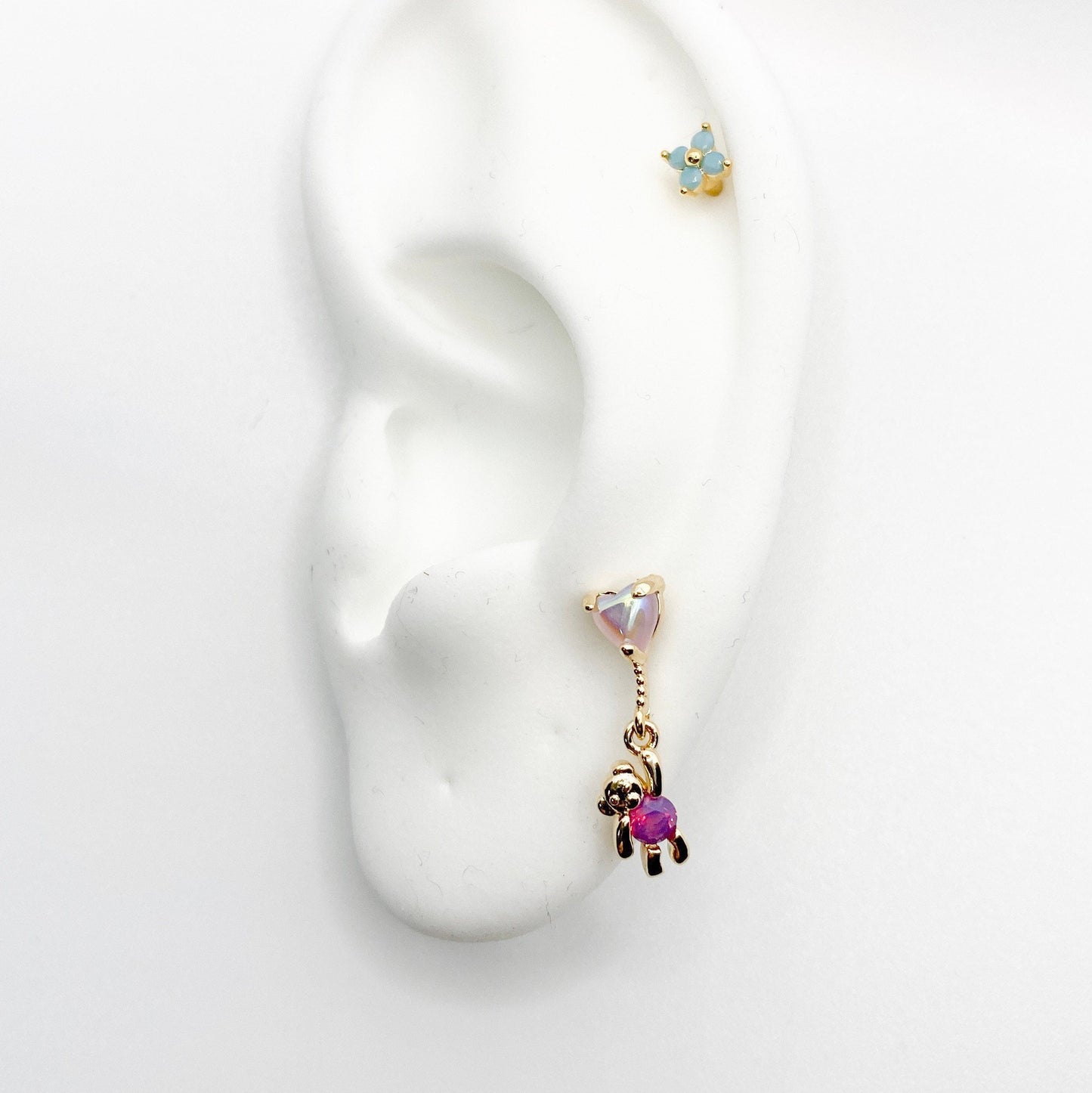 Tiny teddy with floating heart balloon cartilage piercing, helix piercing, bear studs, heart balloon piercing