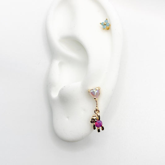 Tiny teddy with floating heart balloon cartilage piercing, helix piercing, bear studs, heart balloon piercing