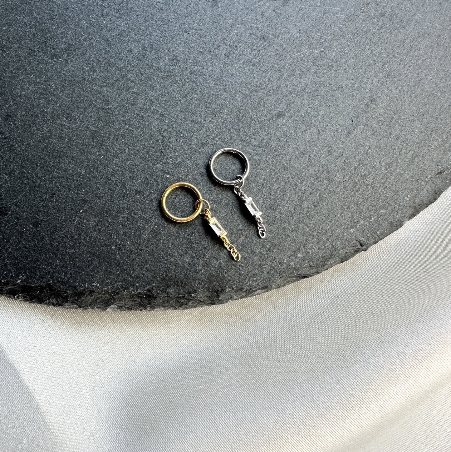 16g 18g Dainty CZ Bar Chain stainless steel, sterling silver, 18k gold plated rook hoop, rook huggie, hoop huggies, cartilage piercing