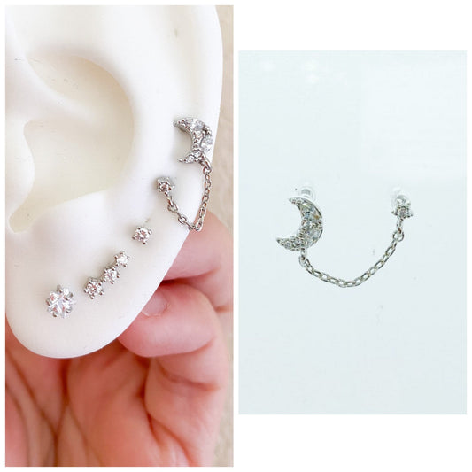 Dainty cz Crescent moon and star double piercing earrings, earrings, 16 gauge piercings, star earrings, two lobe piercing