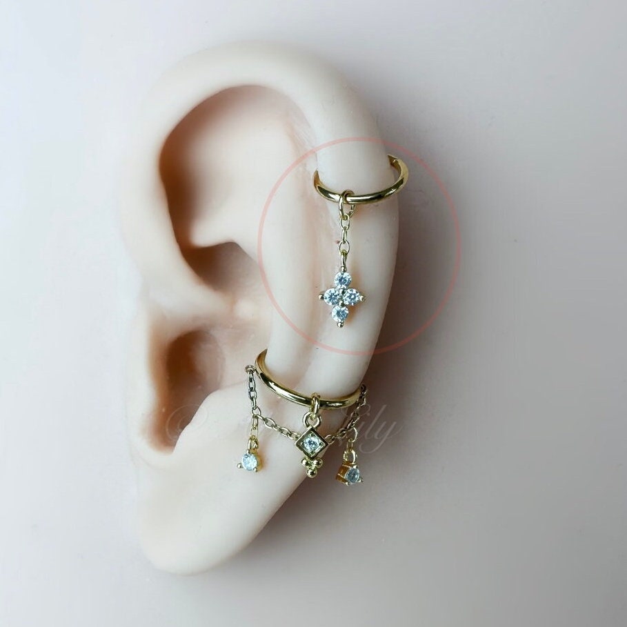 Dainty Hera CZ Dangle Helix Hoop Charm, sterling silver, 316L Surgical Steel piercing, hoop huggies, cartilage piercing, helix piercing