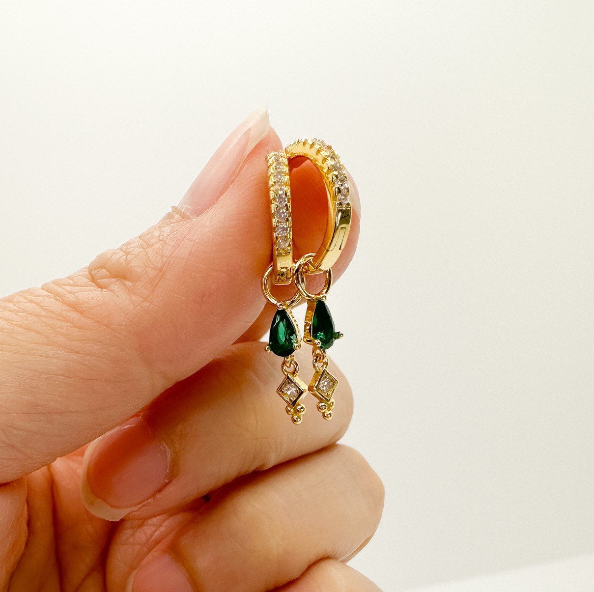 Dainty Amethyst CZ Dangle studded hoops, sterling silver cz hoop earrings, dangle hoop earrings, hoop huggies