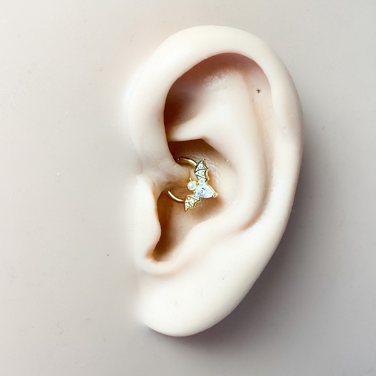 Dainty Bat with Pearl and CZ 18k gold plated sterling silver daith hoop, cz daith huggie, hoop huggies, cartilage piercing, septum ring 16g