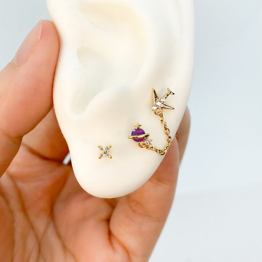Tiny plane and planet double piercing earrings, earrings, 16 gauge piercings, star earrings, two lobe piercing