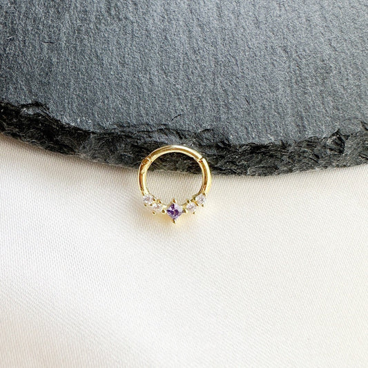Dainty Amethyst CZ 18k gold plated sterling silver daith hoop, daith huggie, hoop huggies, cartilage piercing, helix hoops, septum ring