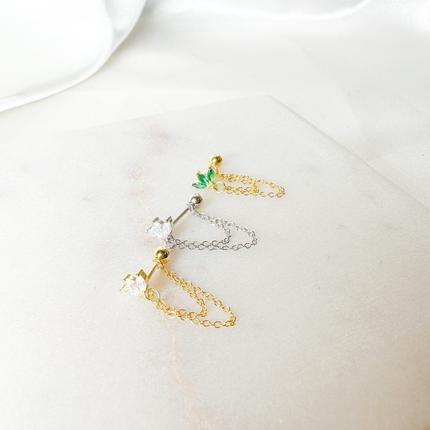 Dainty Double Chain Emerald CZ Helix Piercing, cartilage piercing, hoop huggies, body piercing, chain earrings, helix hoops, minimalist