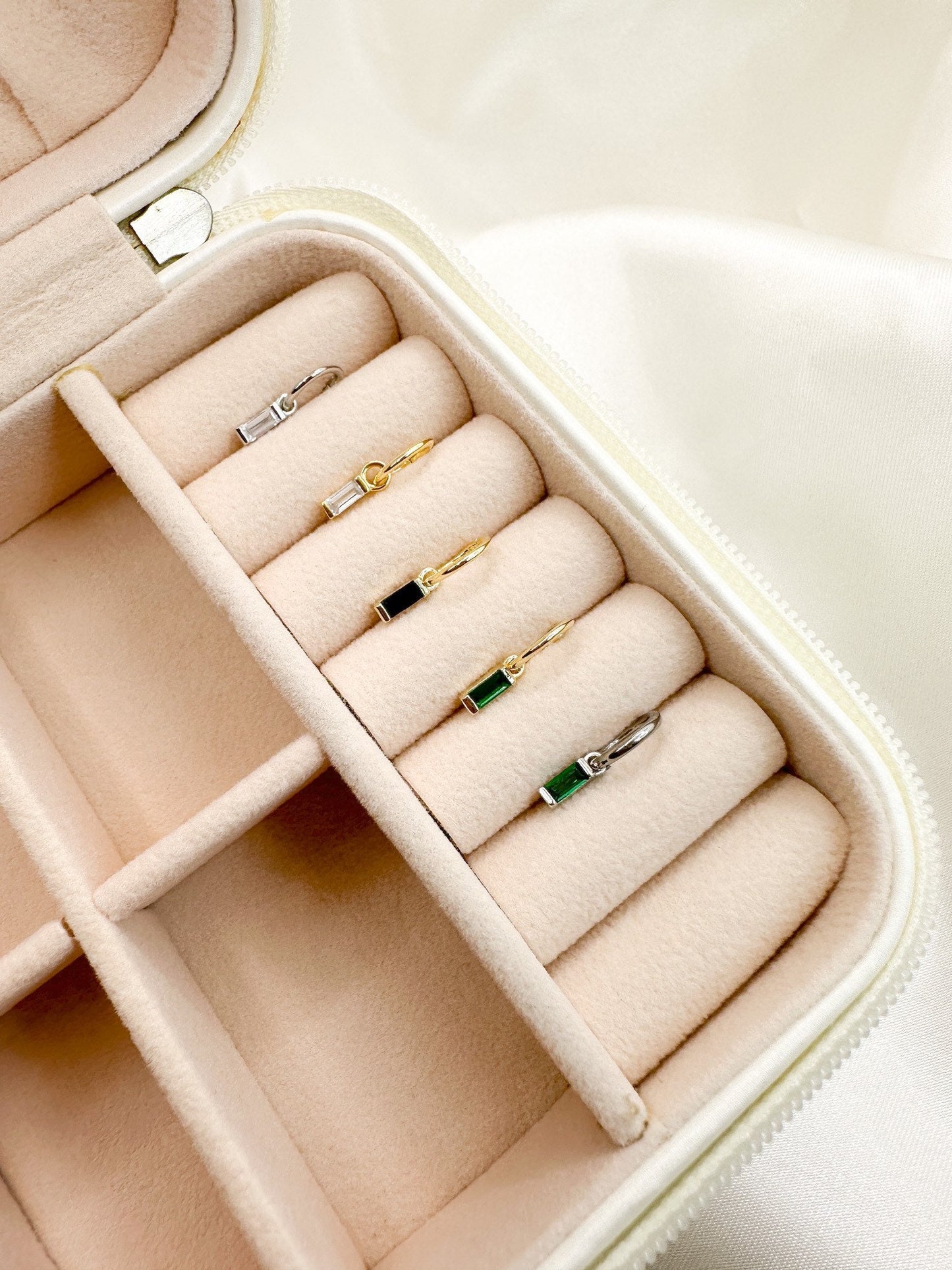 16g 18g Dainty Emerald CZ Bar sterling silver, 18k gold plated rook hoop, rook huggie, hoop huggies, cartilage piercing, cartilage earrings