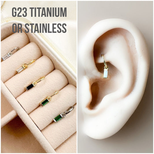 16g 18g 20g Dainty Opal Bar Charm sterling silver, surgical steel rook hoop, rook huggie, hoop huggies, cartilage piercing, stainless hoop