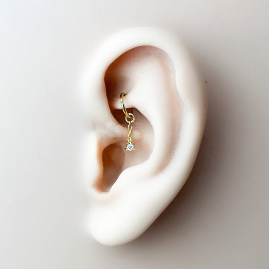 Dainty Minimalist CZ Dangle Hoop Charm, sterling silver, 18k gold plated rook hoop, hoop huggies, cartilage piercing, helix hoop charm