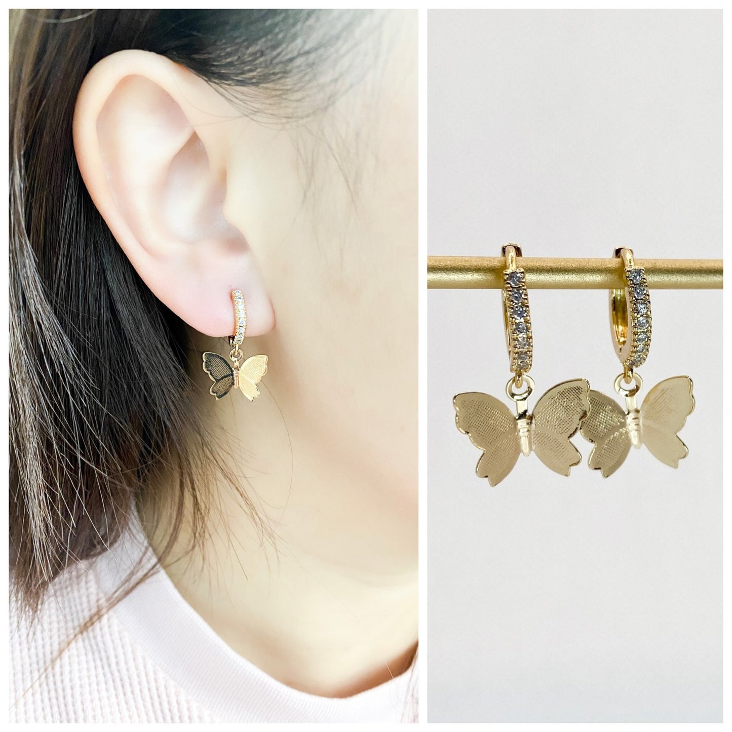 Small 24k Gold plated cz butterfly flutter hoop earrings hoop huggie earrings dainty hoops dainty hoop earring dainty jewelry