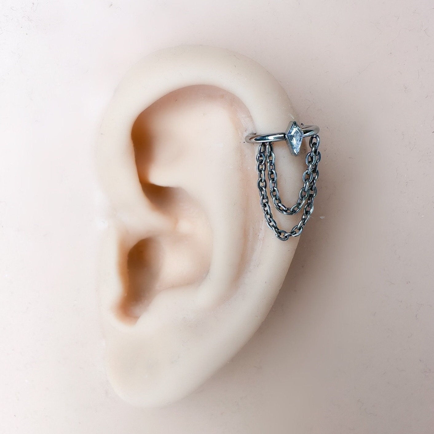 16g 8mm 10mm 12mm Kite Diamond CZ  Charm Double Chain Titanium G23 Conch or Helix Hoop, titanium piercings, gold hoop, silver hoop