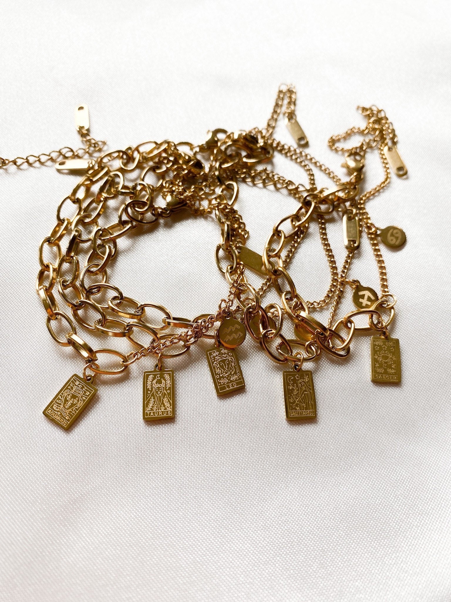 18k Gold bracelet zodiac charms, chunky bracelet, stainless steel, water resistant jewelry, horoscope charms, zodiac jewelry