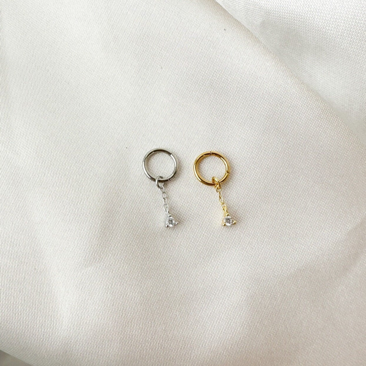 Dainty Minimalist CZ Dangle Helix Hoop Charm, sterling silver, stainless steel piercing, hoop huggies, cartilage piercing, helix piercing