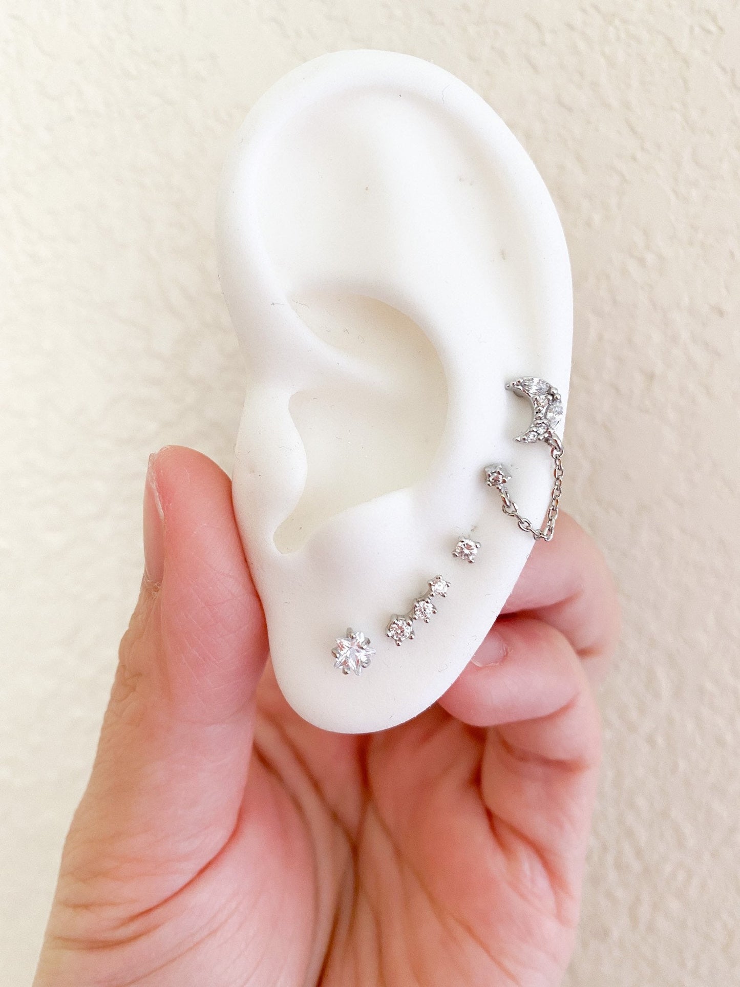 Dainty cz Crescent moon and star double piercing earrings, earrings, 16 gauge piercings, star earrings, two lobe piercing