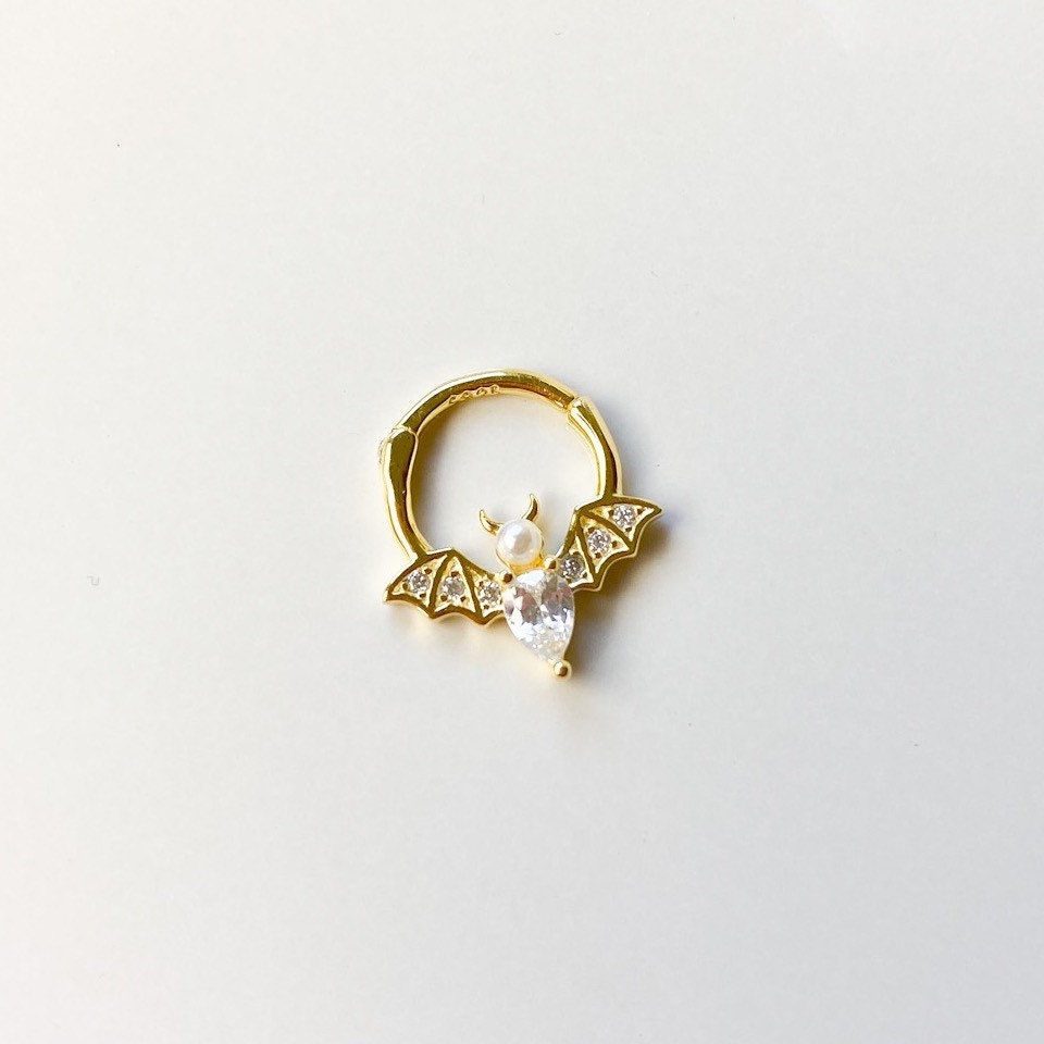 Dainty Bat with Pearl and CZ 18k gold plated sterling silver daith hoop, cz daith huggie, hoop huggies, cartilage piercing, septum ring 16g