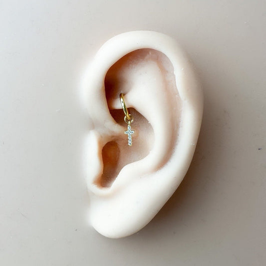 16g 18g 6mm 8mm Paved Cross Dangle Hoop Charm, sterling silver, cross charm for rook hoop, hoop huggies, helix hoop charm,