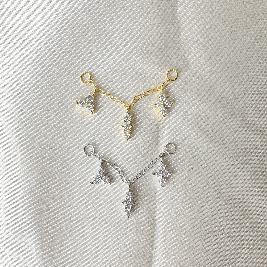 Dainty Industrial Barbell Triple Charm Chain (only) for Piercing, Sterling Silver Helix Chain Earring,Conch Chain Piercing 14g, 16g, 18g